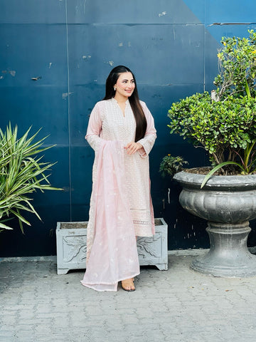 Cotton Net Suit With Offwhite Embroidery &amp; Pearls Work (3pcs)