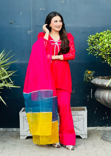 Hot Pink Net Short Shirt With Farshi Shalwar  (Hot pink net 3pcs)