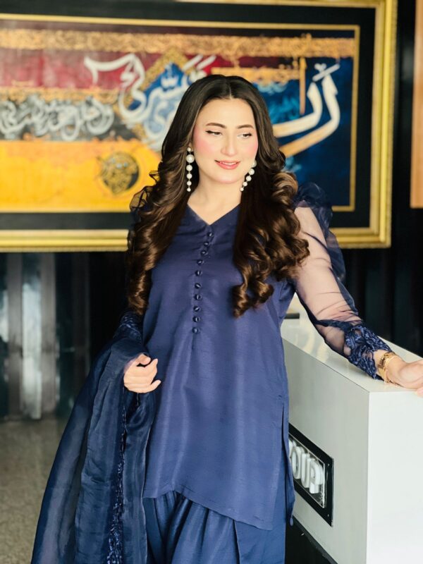 Rawsilk Suit With Farshi Shalwar Organza Embroidered Dupatta