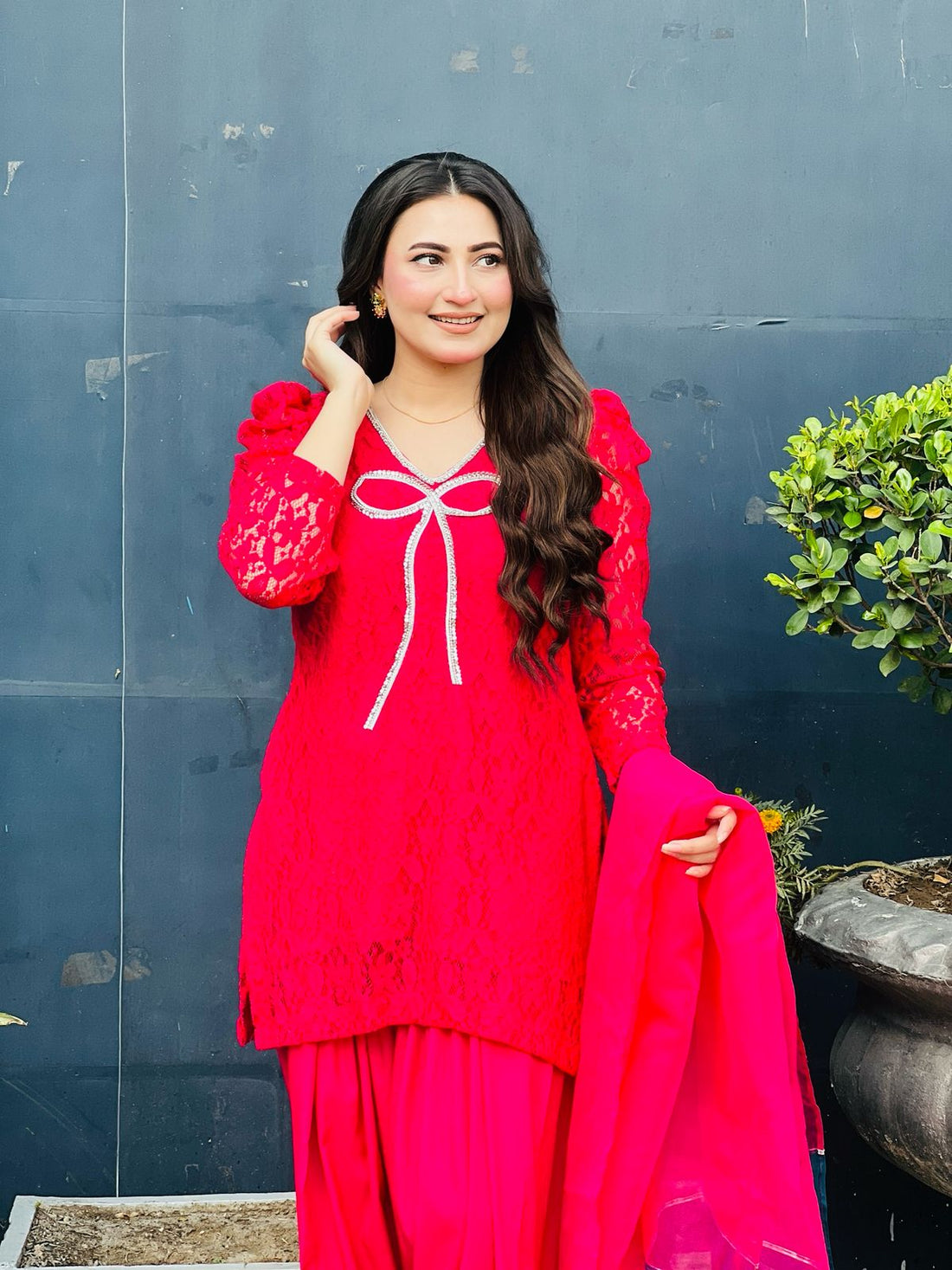 Hot Pink Net Short Shirt With Farshi Shalwar  (Hot pink net 3pcs)