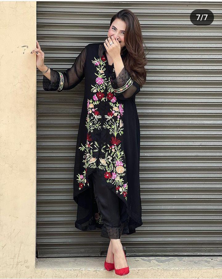 Embroidered chiffon gown 2(PC'S)