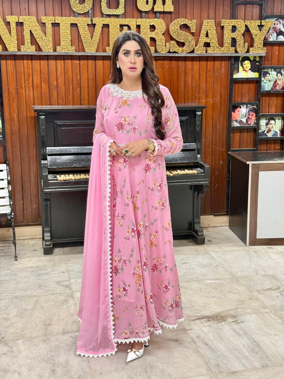 Korean Chiffon Frock Tila Emb Gala  (Summer Rose 3pc)