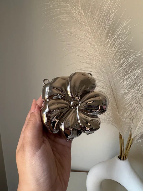 Viral Flower Metallic Clutch with Chain