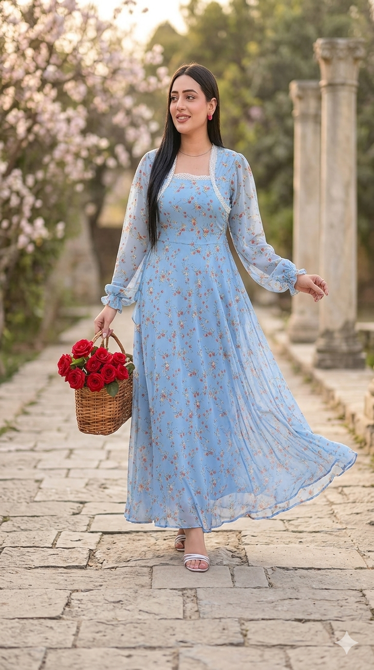Chiffon Maxi With Lace  Under Soft Lining Attatched(1 PC)
