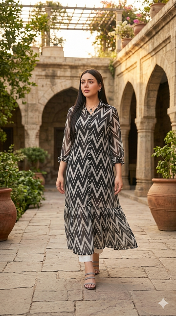 Chiffon Maxi With Pearl Button (Chiffon Frock)1 PC)