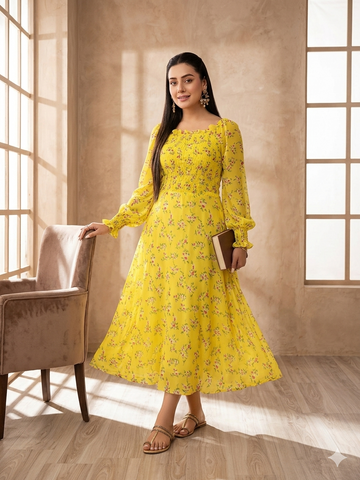 Flowers Chiffon Smoked Frock