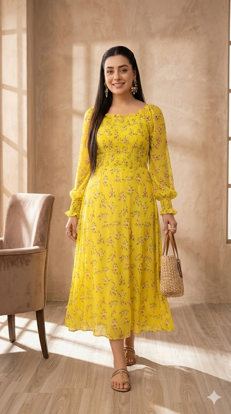 Flowers Chiffon Smoked Frock