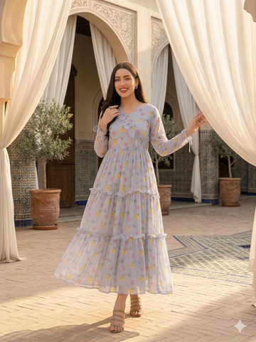Korean Chiffon Frock  With Lace Under Soft Lining Attatched (1 PC)
