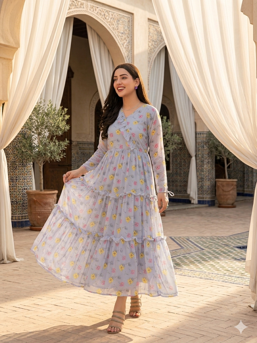 Korean Chiffon Frock  With Lace Under Soft Lining Attatched (1 PC)