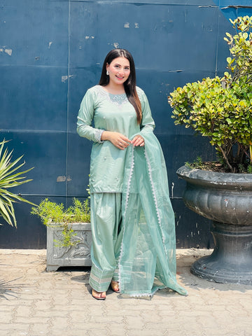 Handwork & Spray On Shirt Rawsilk Farshi Shalwar Set 3pc