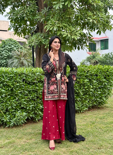 Elegant Black 3-Piece Dhanak Farshi Suit SA-1013