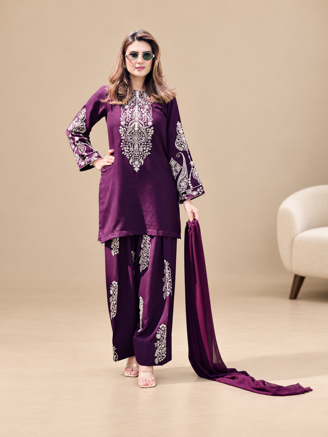 Blushing 3-Piece Dhanak Farshi Suit