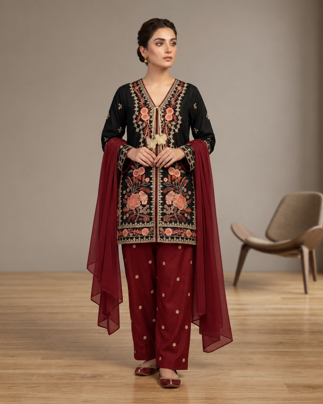 Elegant Black 3-Piece Dhanak Farshi Suit by Syra's Atelier — outfit image 1