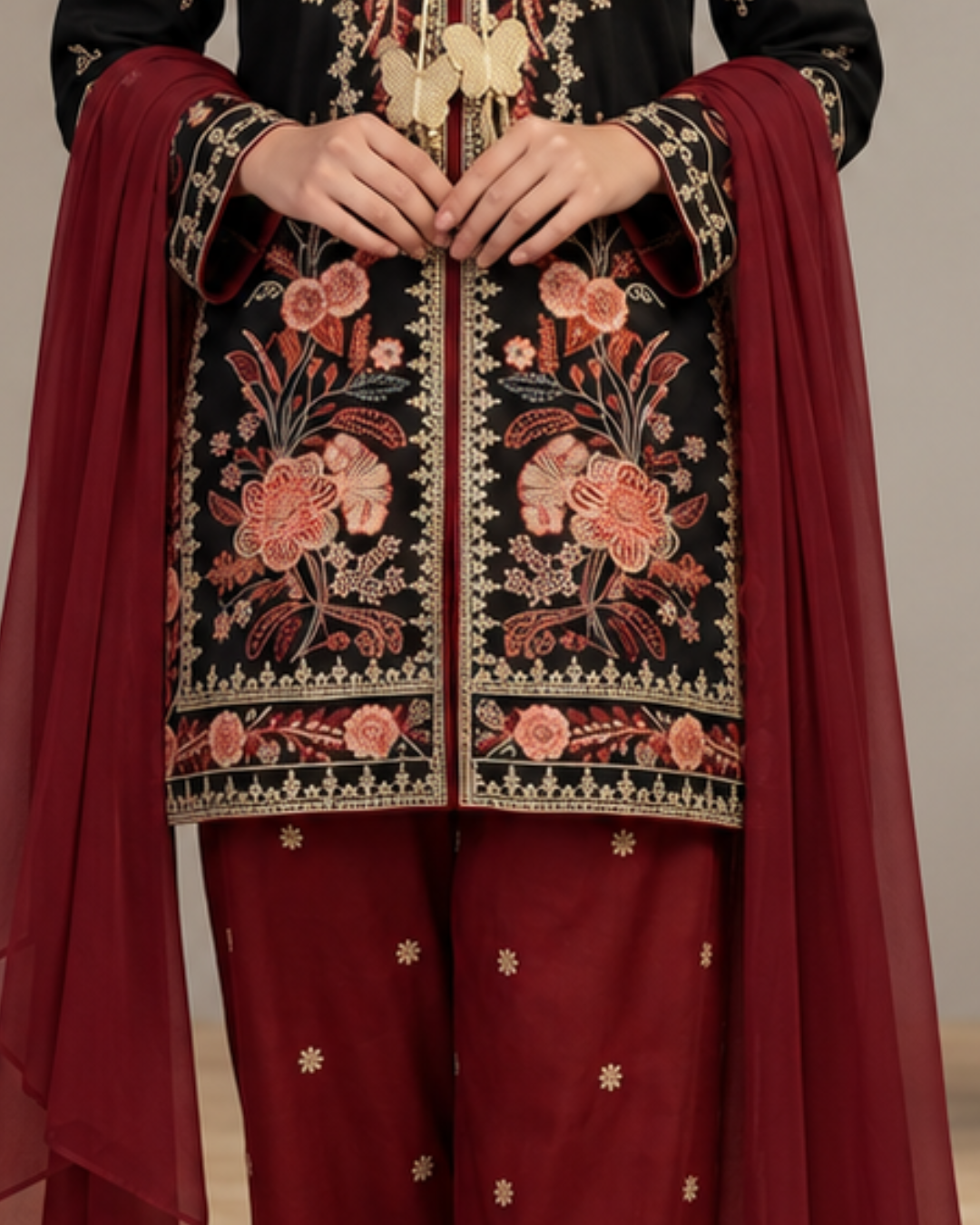 Elegant Black 3-Piece Dhanak Farshi Suit by Syra's Atelier — outfit image 3