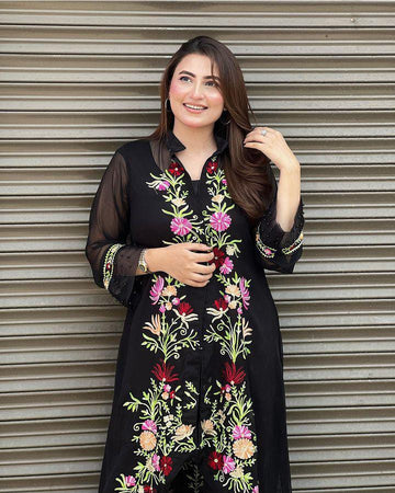Embroidered chiffon gown 2(PC'S)